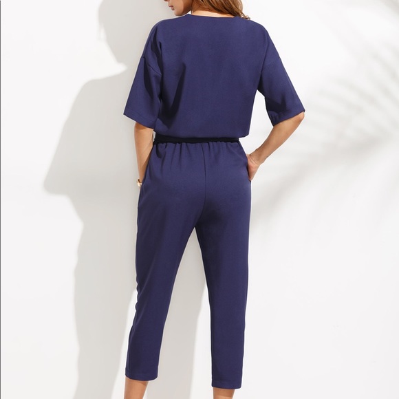 Navy Blue Short Sleeved Cropped Pants Jumpsuit - Picture 3 of 5